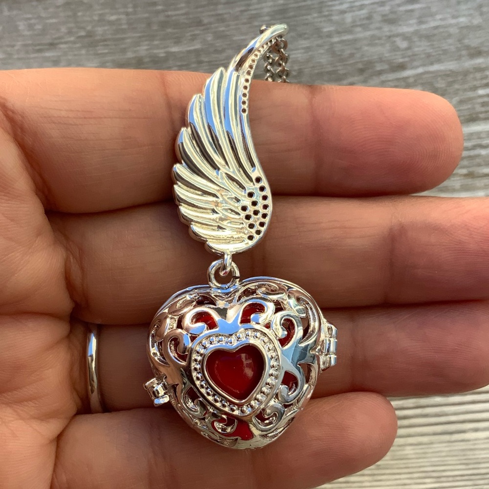 Harmony Ball Necklace, Heart and Wing Shaped Angel Callers, Stainless Steel